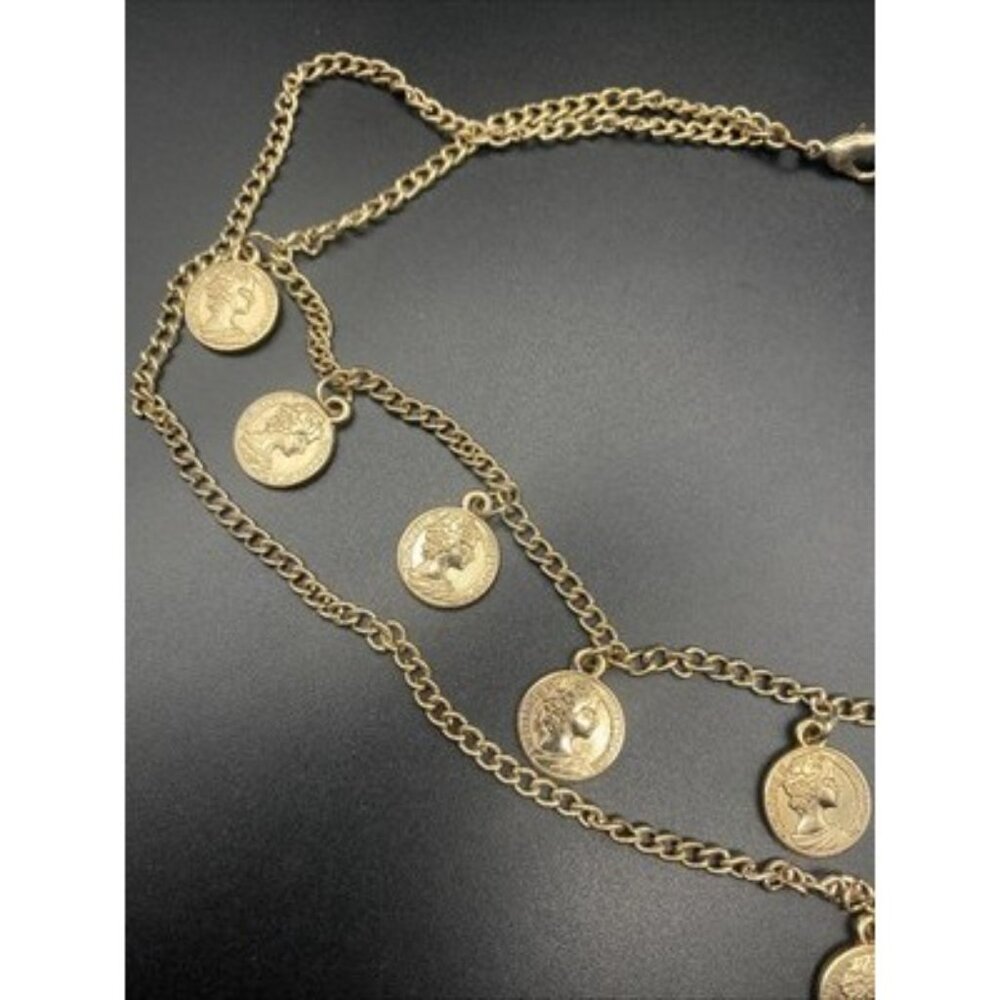 Two Layer Coin Charm Necklace Gold Tone 16/20" Curb Chain 1/2" Elizabeth II Aus - Picture 5 of 9